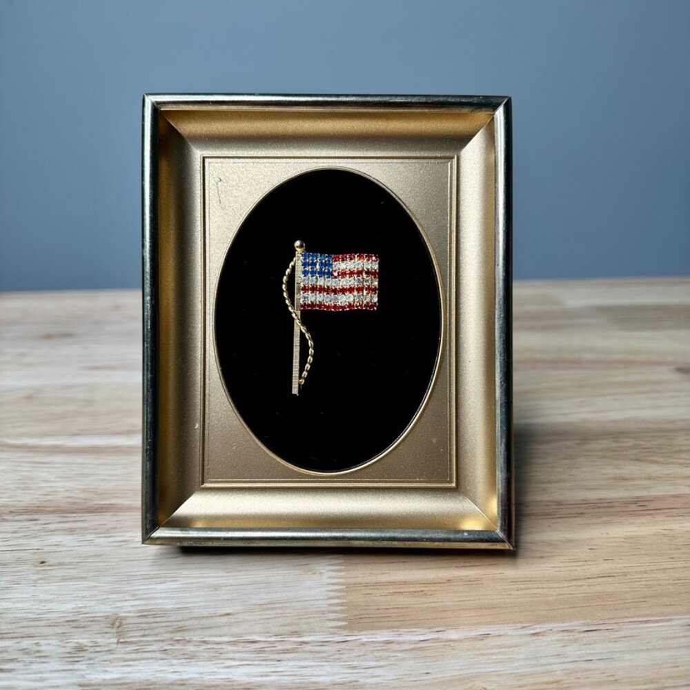 Red, White, and Blue Rhinestones American Flag Framed Brooch Jewelry Art